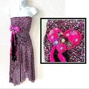 Veronica Ardila strapless black floral dress, quilted heart detail S